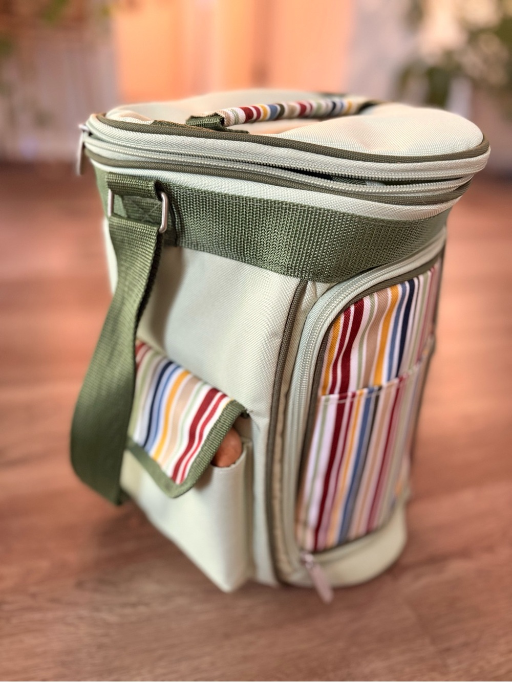 Wine Cooler - Striped Accent Canvas Cooler Bag in Light Green